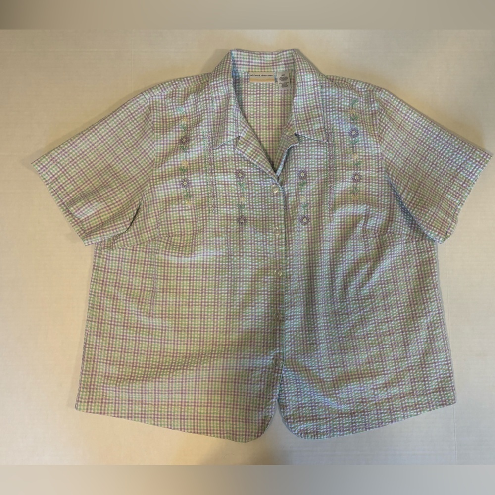 Alfred Dunner pastel floral embroidered button down short sleeve blouse size 22W